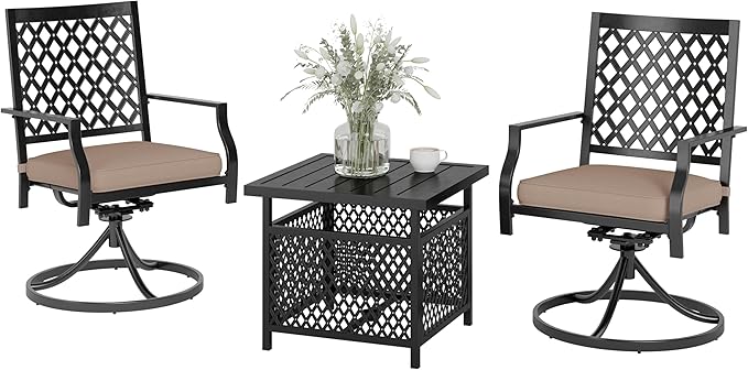 PHI VILLA 3 Piece Outdoor Bistro Set for 2, 22" Wrought Iron Square Table with Umbrella Hole & Swivel Metal Chairs, Small Furniture Conversation Set for Porch, Deck, Balcony, Patio, Yard - Black