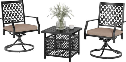 PHI VILLA 3 Piece Outdoor Bistro Set for 2, 22" Wrought Iron Square Table with Umbrella Hole & Swivel Metal Chairs, Small Furniture Conversation Set for Porch, Deck, Balcony, Patio, Yard - Black