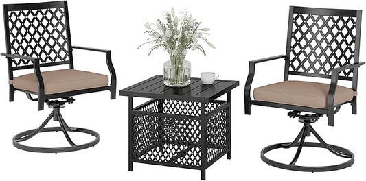 PHI VILLA 3 Piece Outdoor Bistro Set for 2, 22" Wrought Iron Square Table with Umbrella Hole & Swivel Metal Chairs, Small Furniture Conversation Set for Porch, Deck, Balcony, Patio, Yard - Black