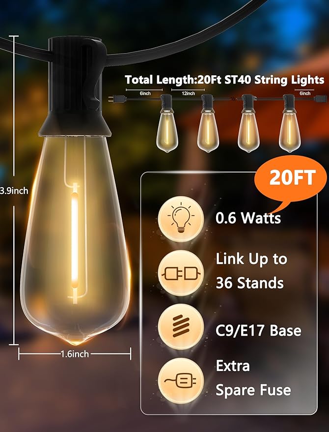 LED Patio String Lights 20Ft with 22 ST40 LED Edison Bulbs, Waterproof Outdoor Hanging Lights for Porch, Deck, Garden, Backyard, E17 Base, 2700K Dimmable, Vintage String Lights- Black Wire