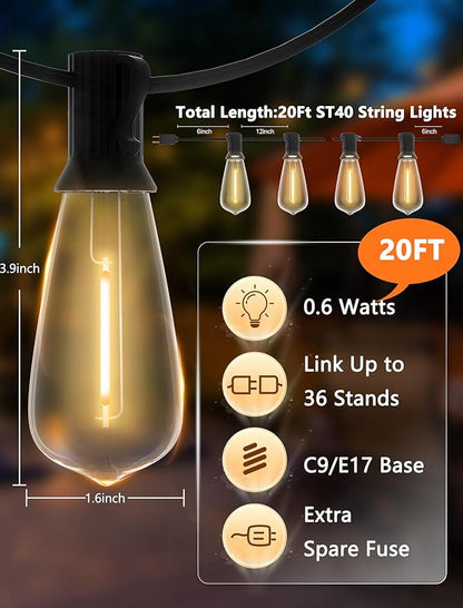 LED Patio String Lights 20Ft with 22 ST40 LED Edison Bulbs, Waterproof Outdoor Hanging Lights for Porch, Deck, Garden, Backyard, E17 Base, 2700K Dimmable, Vintage String Lights- Black Wire