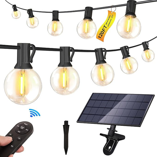 Stright Solar String Light for Outside 120FT with with USB Charging & Remote, Weatherproof Shatterproof LED G40 Bulb 50 Socket, Dimmable & Timable Solar Powered Patio Lights for Porch Backyard Garden