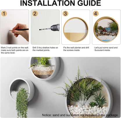 3 Pack Set Wall Planters,Modern Round Glass Wall Planter Succulent Planter Circle Iron Hanging Planter Vase for Herb,Small Cactus Perfect for Balcony, Room and Patio Decor (White)