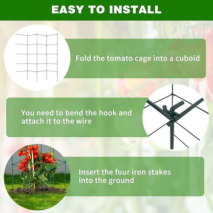 6 Packs Tomato Cages for Garden, 12"×12"×48" Plant Support Cage with Different Spacing, Green Metal Trellis for Climbing Plants Like Cucumber, Flowers