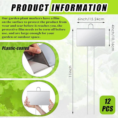 Landhoow 12 Pcs Large Garden Plant Markers Metal Plant Labels Sign 4'' x 6'' with 11'' Stake Weatherproof Waterproof Garden Sign for Outdoor Seedlings Herbs Vegetable Greenhouse, Sliver