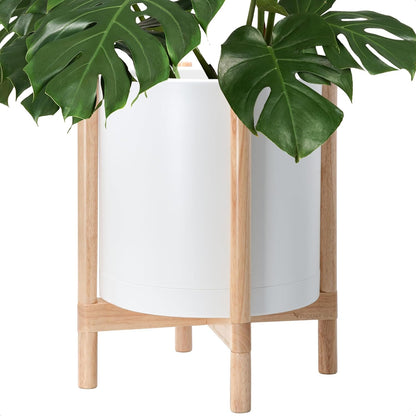 D'vine Dev Planter Pot with Stand - 16 Inch Plastic Cylinder Flower Pot with Wood Planter Holder for Indoor, Matte White Pot + Natural Stand, 55-C-Y-1