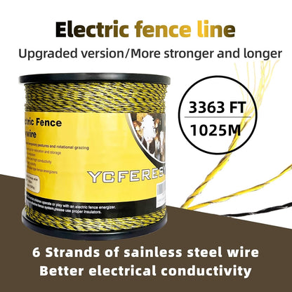 Upgraded Electric Fence Polywire 3366 Feet 1026 Meters, 6 Stainless Steel Strands for Reliable Conductivity and Rust Resistance, Portable Electric Fencing,UV, Rust Resistant