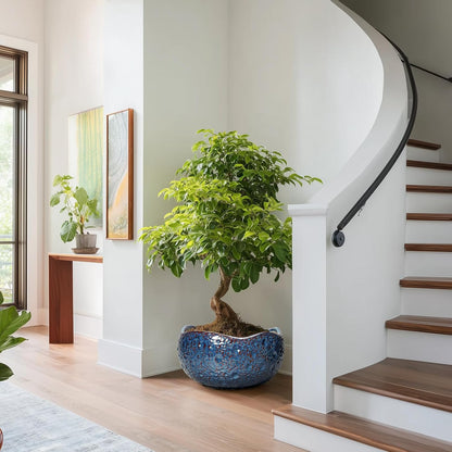 Bonsai Pots - 13 Inch Large Ceramic Planter for Indoor Outdoor, Round Decorative Plant Pots with Drainage Hole, Modern Unique Flower Pots, Patio Decor, Housewarming Gifts, Retro Blue