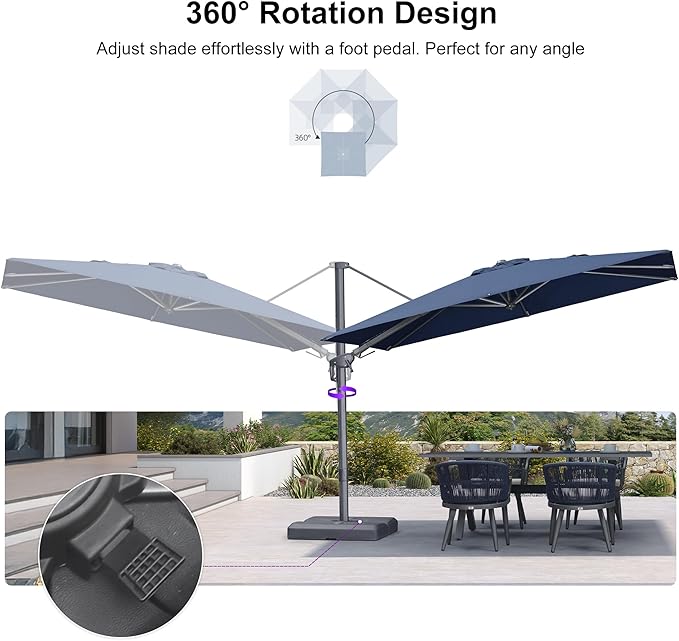 PURPLE LEAF 10' X 6.5' Swivel Outdoor Patio Aluminum Umbrella with Base Left-right Tilting Cantilever Offset Umbrella with UV Resistant Heavy Duty Fabric for Deck Pool Patio Backyard, Ocean Slate