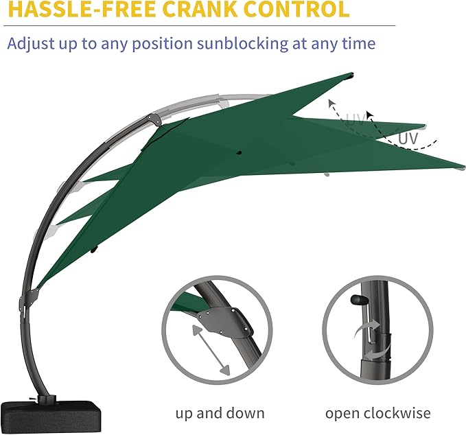 Kingdura 11ft Cantilever Patio Umbrella with Base Included, Large Round Offset Outdoor Pool Umbrella, 360° Rotation & Infinite Tilt, Heavy Duty Aluminum Frame for Deck Backyard, Dark Green