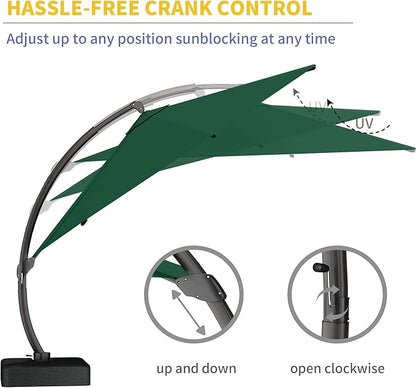 Kingdura 11ft Offset Cantilever Patio Umbrella with Base Included, Large Round Aluminum Outdoor Umbrella, 360° Rotation & Infinite Tilt, Heavy Duty Frame for Deck Pool Backyard, Dark Green