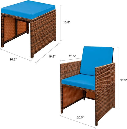 Devoko 4 Pieces Patio Wicker Furniture Set Outdoor Patio Chairs with Ottomans All Weather Cushioned Chairs Balcony Porch Furniture (Blue)