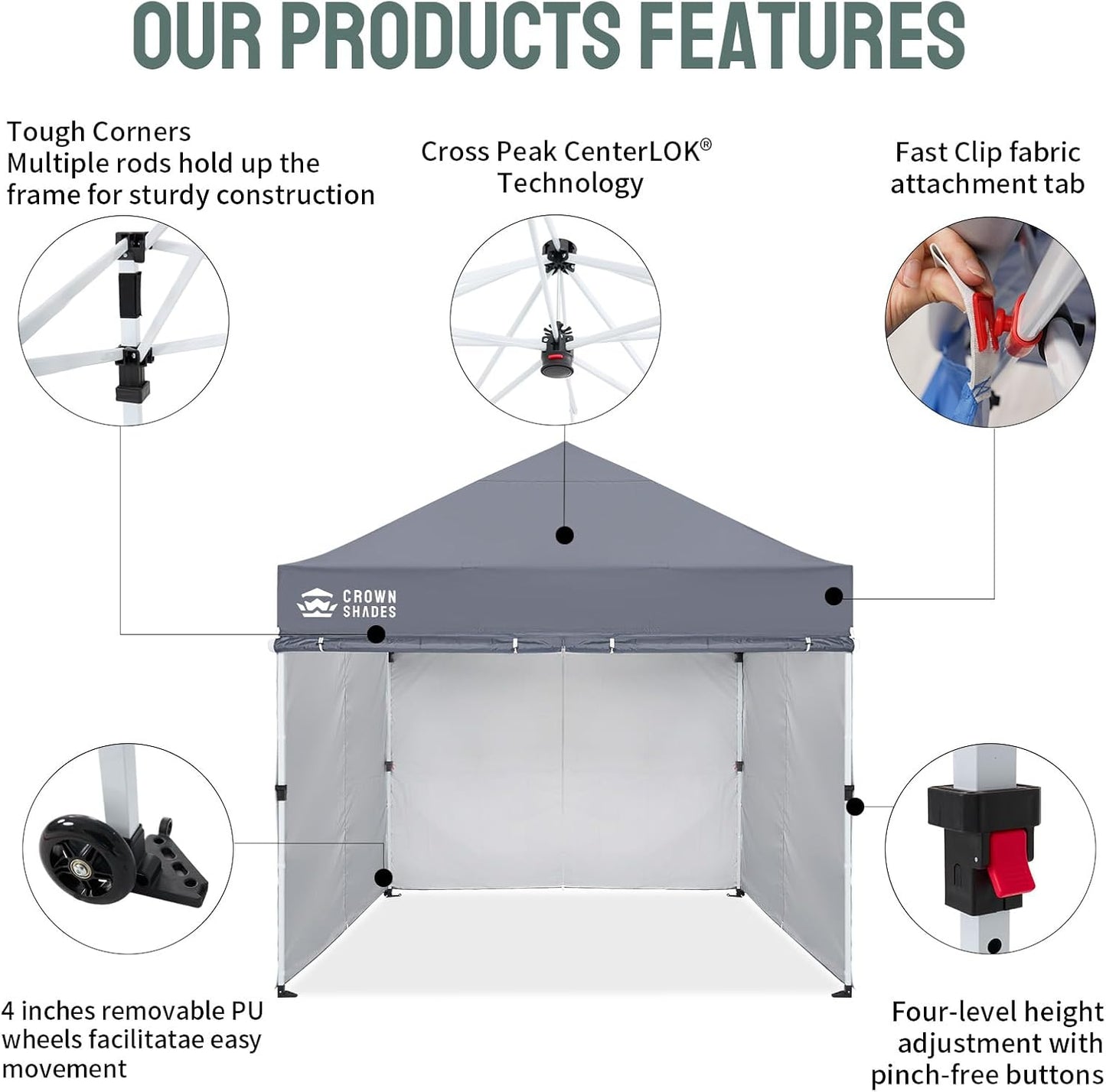 CROWN SHADES 10x10 Pop Up Canopy Tent Instant Commercial 1-Person Setup Patended Centerlock with 400D Fabric, 4 Sidewalls, 4" Wheels, 4 Upgraded Weights, Sto'N Go Bag, Gray