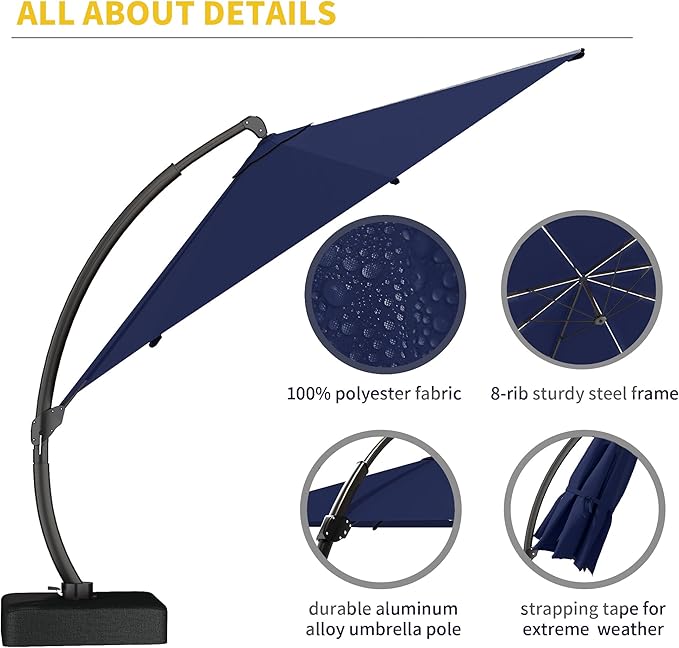 Kingdura 11ft Offset Cantilever Patio Umbrella with Solar Lights, Large Round Outdoor Umbrella with Base Included, Aluminum Frame, 360° Rotation & Infinite Tilt for Deck Pool Backyard, Dark blue