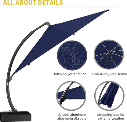 Kingdura 11ft Offset Cantilever Patio Umbrella with Solar Lights, Large Round Outdoor Umbrella with Base Included, Aluminum Frame, 360° Rotation & Infinite Tilt for Deck Pool Backyard, Dark blue