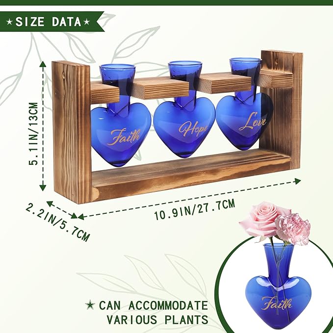 Plant Terrarium Propagation Stations Faith Hope Love Hydroponics Home Garden Decoration Gift for Women with Wooden Stand Heart Shaped Colored Glass Vase