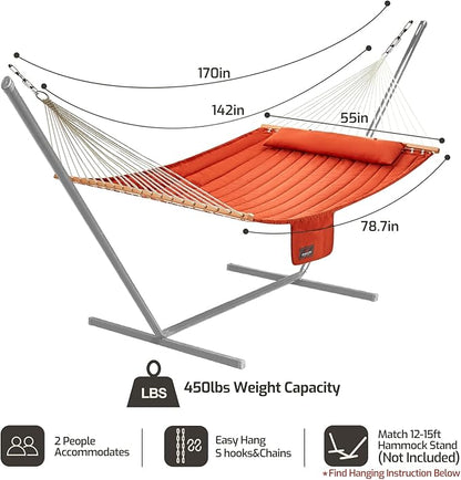 Double Quilted Fabric Hammock with Hardwood Spreader Bars and Pillow 450 LBS Capacity 2 Person Large Hammock for Outdoor Patio Backyard Poolside - Terracotta