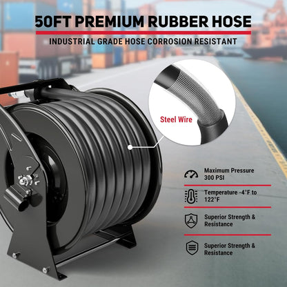 Retractable Fuel Hose Reel 1" x 50' with Fueling Nozzle, 300 PSI Heavy Duty Steel Construction Industrial Auto Swivel Spring Driven Diesel Hose Reel for Aircraft Ship Vehicle Tank Truck, Black