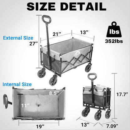 Collapsible Wagon 352LBS Capacity, Foldable Large Carts, Heavy Duty Outdoor Folding Cart with All-Terrain Wheels, Utility Garden Beach Wagon with Storage Bag Green