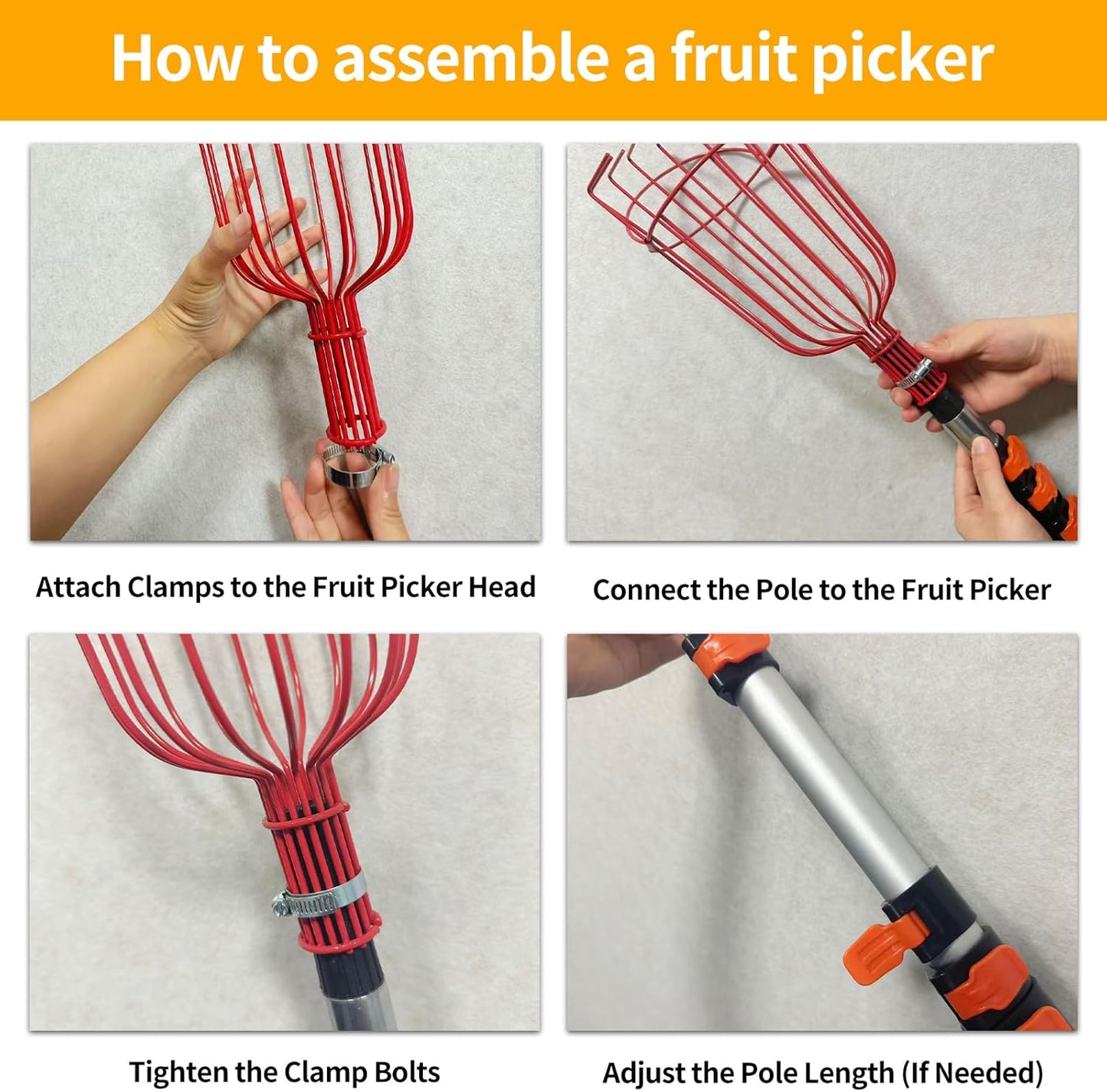 26FT Reach Fruit Picker Pole, Telescopic Picking Pole with Gentle Grip Claw & Collapsible Basket, Adjustable Apple Picker Pole Tool for Avocado Orange Lemon Pear Mango