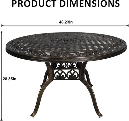 48 Inch Outdoor Dining Table Round Patio Table Powder-Coated Cast Aluminum Frame for Garden with Umbrella Hole (Bronze)