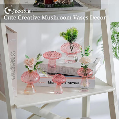 Glasseam Mushroom Plant Propagation Stations: Pink Glass Terrarium Jar Set of 5 Cute Planters for Indoor Plants Decorative Propagate Vase Unique Gifts for Women Home Office Decor