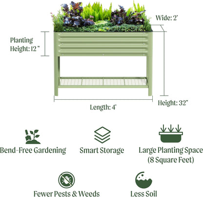 Elevated Raised Garden Bed-V Series, 2' x 4' Garden Beds with Legs & Storage Rack for Patio Porch, 700 Lbs Weight Capacity, Outdoor Planter Boxes for Gardening Herbs Vegetables Flowers, Pearl White