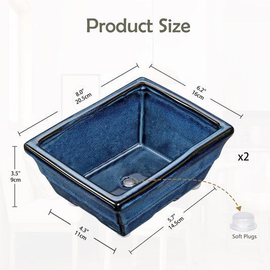 Blue Glazed Ceramic Bonsai Tree Pots with Drainage Hole, Set of 2 Rectangular Bonsai Pots Planters for Indoor & Outdoor Use, 8 Inch Shallow Bonzie Tree Pot for Succulents, Cacti, Orchids, Herbs
