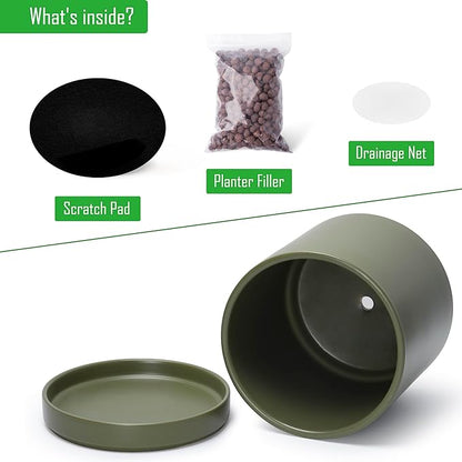 D'vine Dev 12 Inch Ceramic Planter Pot with Drainage Hole and Saucer, Indoor Cylinder Round Planter Pot, Olive, 94-O-F-J