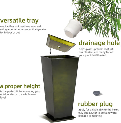 KOL 28''H. Tall Metal Planter with Saucer, Galvanized Steel Glazed Planter Pots with Drainage Hole for Indoor & Outdoor Use, Set of 2, Decorative Flower Plant Pots for Front Porch, Patio, Deck - Green