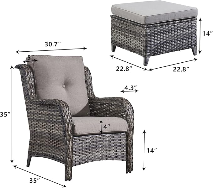 Rilyson Wicker Patio Furniture Set - 4 Piece Rattan Outdoor Sectional Conversation Sets with 2 Chairs and 2 Ottomans for Porch Deck Garden(Mixed Grey/Grey)