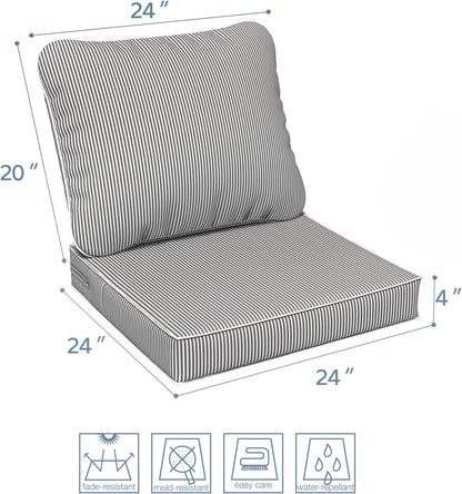 LVTXIII Outdoor Seat and Back Cushion Patio Deep Seat Cushion Set Seasonal Chair Cushion for Wicker Chairs and Garden Furniture Decoration, 24"x24"x4", Strip Grey