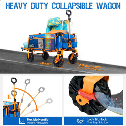 49" L Extra Long Beach Wagon with Tailgate,Big Wheels with Brake for Sand, Collapsible Utility Beach Cart Heavy Duty Folding Wagon,Ideal for Outdoor Sand Camping Garden Pet