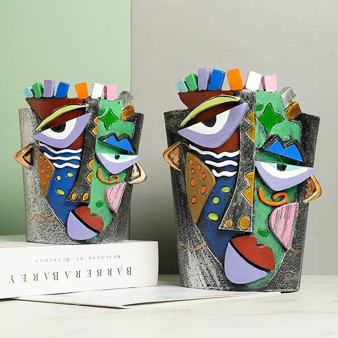 Picasso Face Planter Pots Abstract Art Colorful Flower Vase with Drainage Hole Unique Head Flower Pots for Home Balcony Decoration (Large)