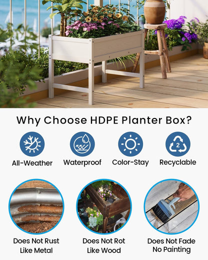 HDPE Raised Garden Bed with Legs, Outdoor Weather-Resistant Elevated Planter Box Stand for Seeds, Herbs, Flowers, Vegetables (White)