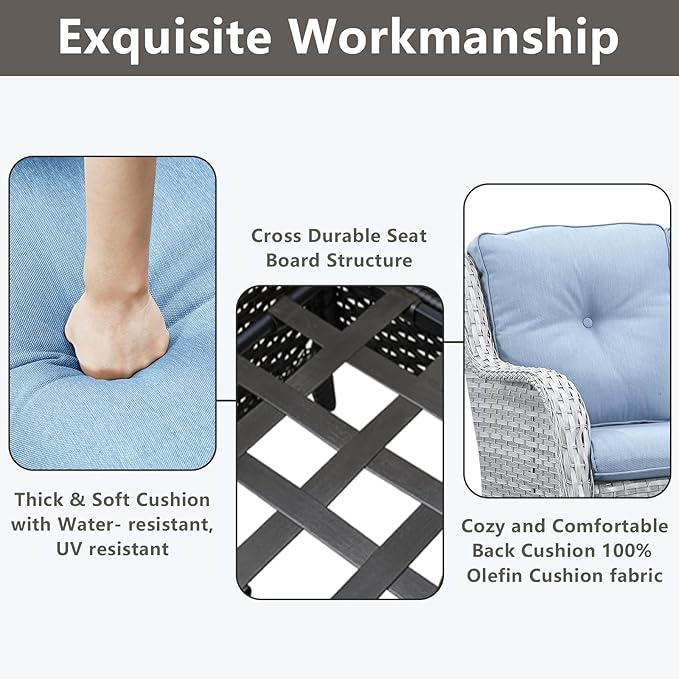 Rilyson Outdoor Patio Wicker Furniture Set - 5 Piece Rattan Patio Conversation Sectional Sofa Set with 1 Couch,2 Armchairs,2 Ottomans for Porch Deck Garden(Light Grey/Sky Blue)