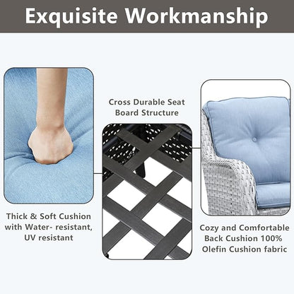 Rilyson Outdoor Patio Wicker Furniture Set - 5 Piece Rattan Patio Conversation Sectional Sofa Set with 1 Couch,2 Armchairs,2 Ottomans for Porch Deck Garden(Light Grey/Sky Blue)