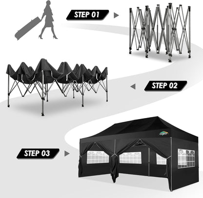COBIZI 10x20 Canopy with Sidewalls, Heavy duty Party Tent Pop up carpas para fiestas, Tents for Parties, wedding, Outdoor Ez up Foldable Portable Canopy Tent with Wheeled Bag, Black(Windproof Upgrade)