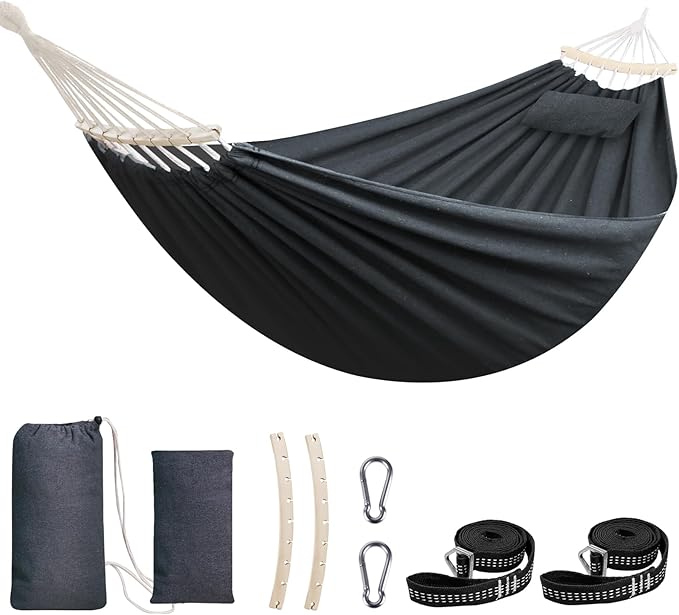 Chihee Cotton Hammock Large Soft Breathable Camping Hammock Holds Up to 660lbs Portable Tree Hammock with Detachable Spreader Bar Pillow 2 Strong Webbings 2 Carabiners Patio Garden Indoor Outdoor