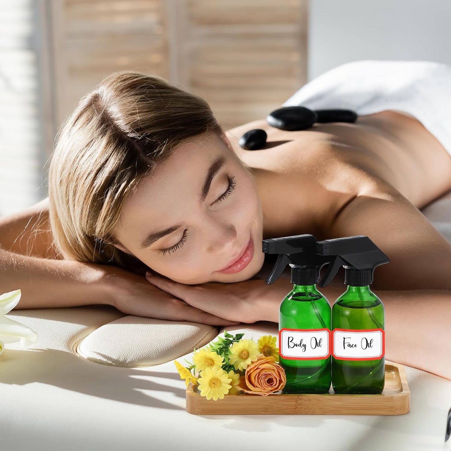 Norme 12 Pcs 8 oz Glass Spray Bottles with Funnels and Labels Refillable Cosmetic Empty Spray Bottles with Sprayer Containers for Essential Oil Cleaning Solutions(Green,Classic)