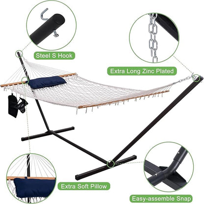 Lazy Daze Hammocks Double Rope Hammock with Stand Include, 12 Feet Traditional Cotton Rope with Pillow for Outside, Backyard, Patio, Garden, Blue Pillow