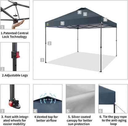 CROWN SHADES 10x10 Pop Up Canopy Tent - Patented Center Lock One Push Instant Outdoor Canopy Beach Tent with STO-N-Go Bag 8 Stakes & 4 Sand Bags，Grid Grey