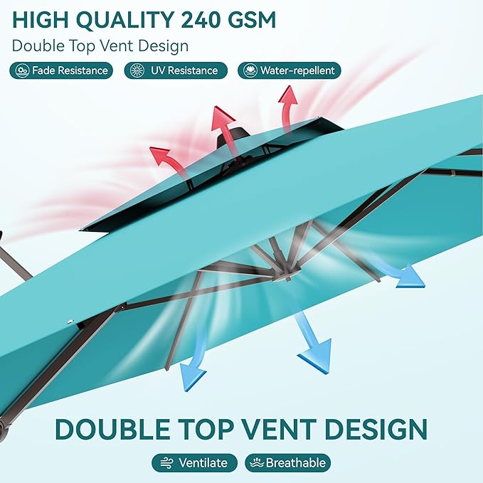 9x12 FT Patio Umbrella, Large Cantilever Rectangular Double Top Heavy Duty Offset Umbrellas with 360° Rotation, Outdoor shade for Garden Deck Pool, Turquoise