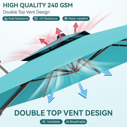9x12 FT Patio Umbrella with base, Large Cantilever Rectangular Double Top Heavy Duty Offset Umbrellas with 360° Rotation, Outdoor shade for Garden Deck Pool, Turquoise