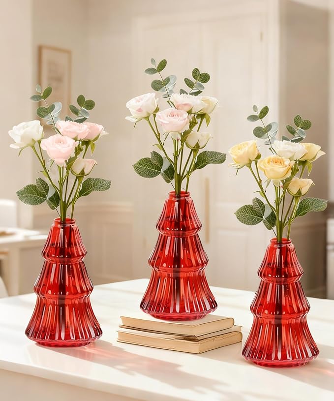 Nacome Christmas Tree Propagation Stations: 3PCS Plant Terrarium Glass Vases for Home Office Decor, for Plant Lovers Women Mom (Red)