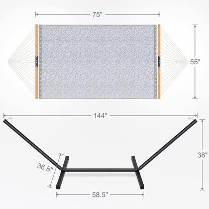 Two Person Hammock with Stand Heavy Duty, Outdoor Patio Hammock with Portable Steel Stand, Large Double Hammocks with Quick Dry Textilene Fabric,480lbs Capacity.(Grey White)