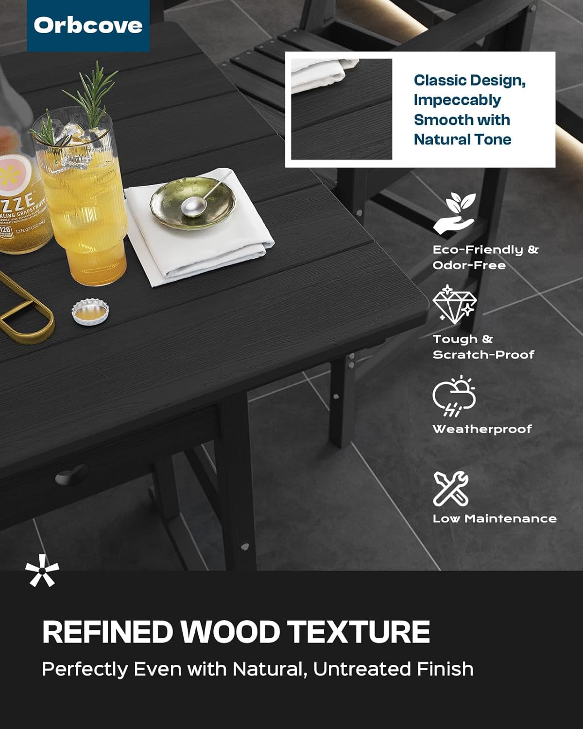 3-Piece Bar Height Outdoor Table and Chairs Set, HDPE Wood Grain Patio Bar Table and Chairs with Heart Cutout Design, Weather-Resistant Bar Height Furniture for Deck, Porch, Pool (Black)