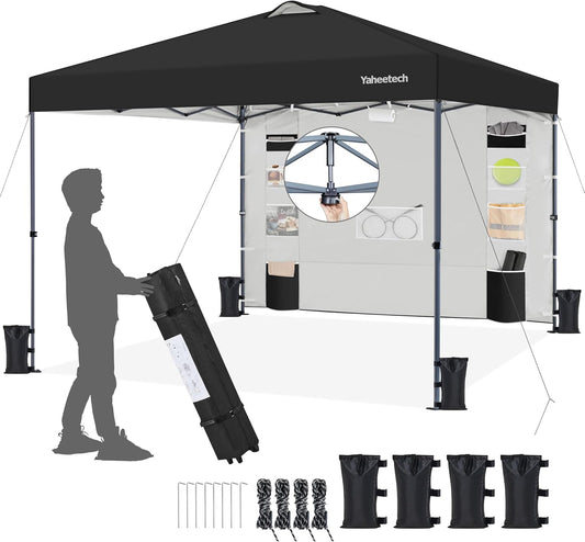 Yaheetech 10x10 Pop-up Canopy Tent w/Removable Pockets Sidewall for Extra Storage, Outdoor Sun Shelter Waterproof & Durable w/Wheeled Bag, Sandbags & Guylines for Beach Camping Party (Black)