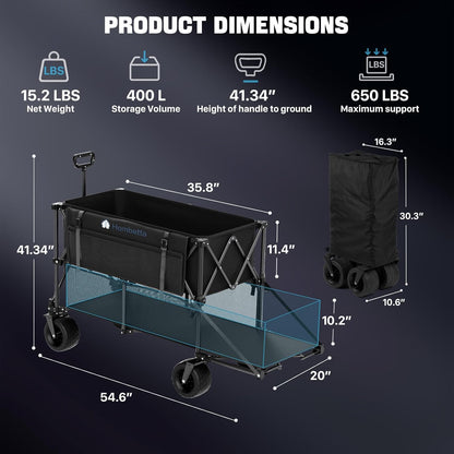 Folding Double Decker Wagon, 560LBS Heavy Duty Utility Cart with Brakes, 400L Wagon Cart with Wheels Foldable, All-Terrain Big Wheels for Camping, Beach, Picnic, Outdoor Use, Black