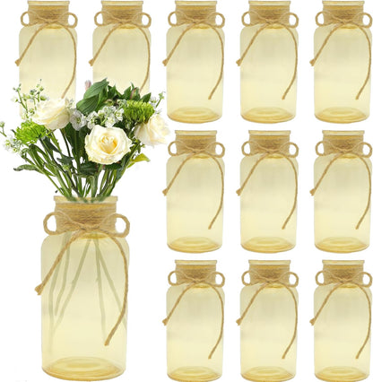 Vintage Glass Flower Vase，12 Pack Gold Amber Farmhouse Glass Centerpiece Vases Mason Jars for Weddings, Parties & Home Decor Bulk (12, Gold)